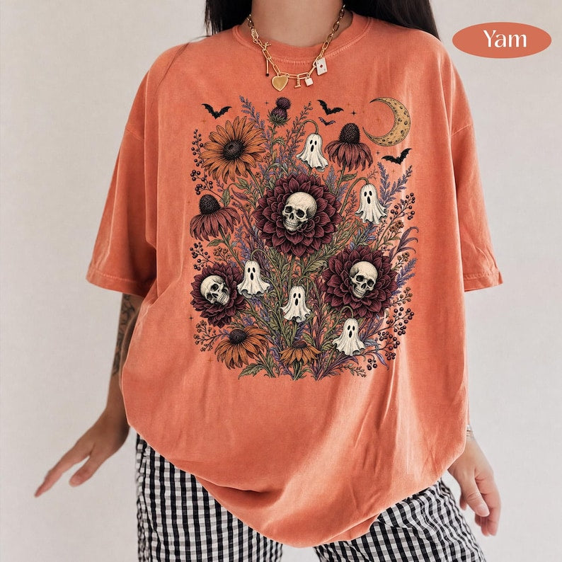 Skull Floral – Gothic Halloween – Ghost Wildflower Skull Design garment preview
