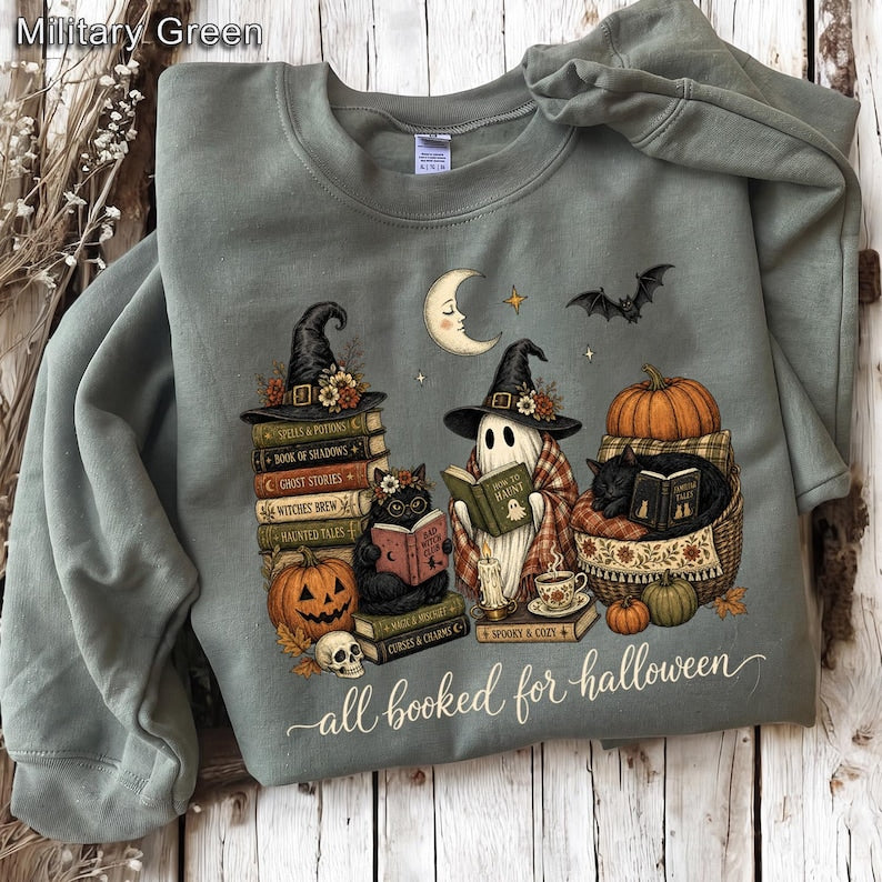 All Booked For Halloween – Book Lover – Spooky Reading Ghost Cat Design