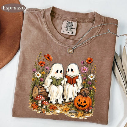 Ghost Reading – Book Lover Halloween – Cute Ghost Wildflower Design garment preview
