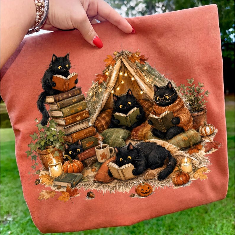 Black Cat Reading – Book Lover Fall – Cozy Cat Reading Nook Design garment preview