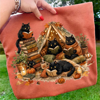 Black Cat Reading – Book Lover Fall – Cozy Cat Reading Nook Design garment preview