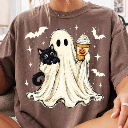 Ghost Coffee – Halloween Ghost Cat – Pumpkin Spice Latte Ghost Design