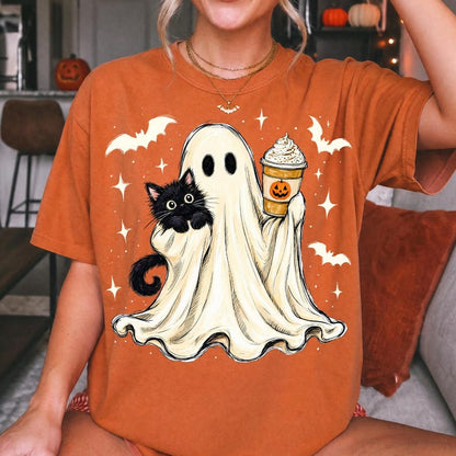 Ghost Coffee – Halloween Ghost Cat – Pumpkin Spice Latte Ghost Design garment preview