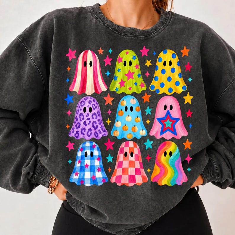 Colorful Ghost – Cute Halloween – Patterned Ghost Grid Design garment preview