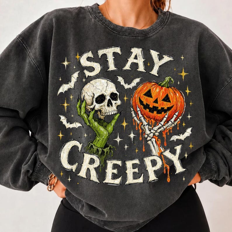 Stay Creepy – Halloween Skull – Spooky Witch Hand Pumpkin Design garment preview
