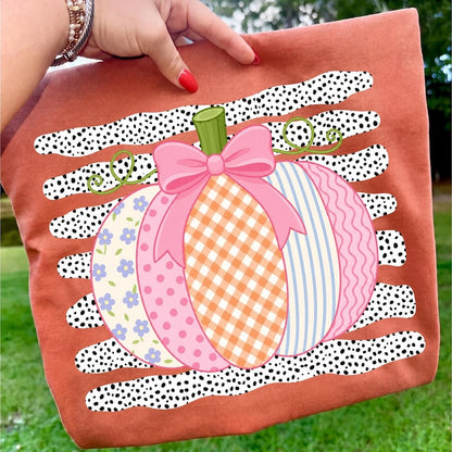 Pink Pumpkin – Coquette Bow Pumpkin – Pastel Patterned Pumpkin Design garment preview