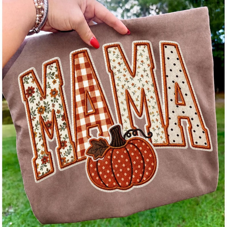 Fall Mama – Faux Embroidery Mama – Floral Gingham Mama Design garment preview