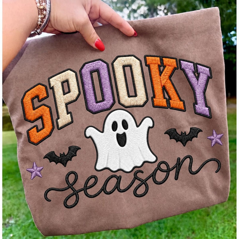 Spooky Season – Faux Embroidery Halloween – Varsity Ghost Design garment preview