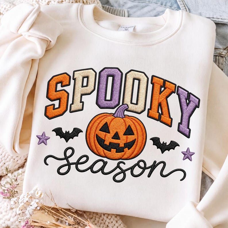 Spooky Season – Faux Embroidery Halloween – Varsity Pumpkin Design