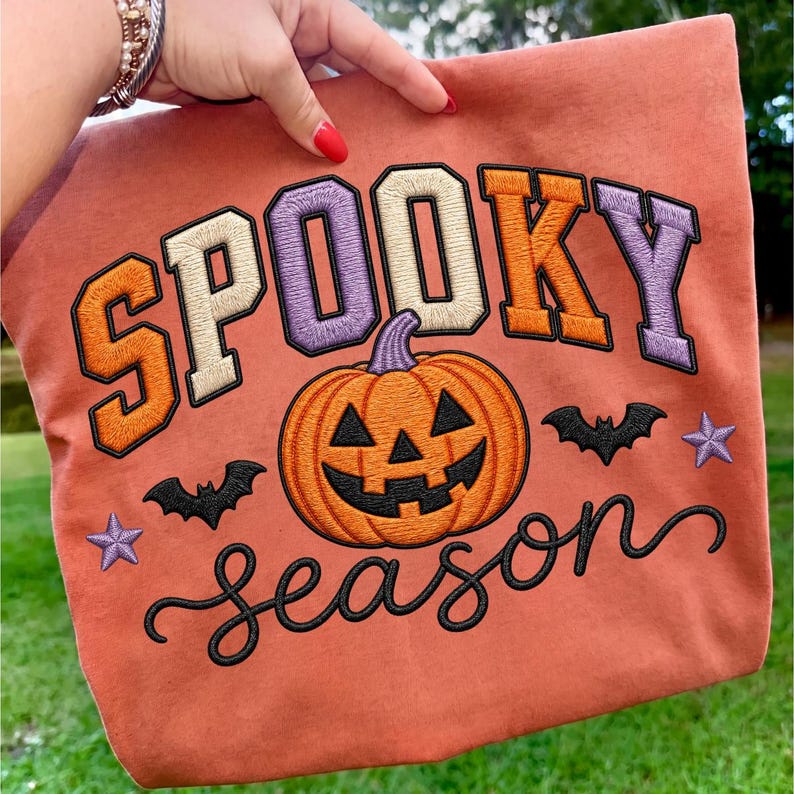 Spooky Season – Faux Embroidery Halloween – Varsity Pumpkin Design garment preview