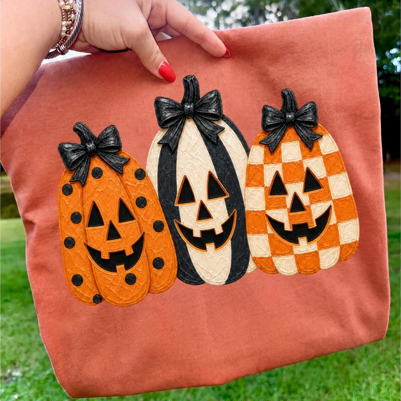 Jack O Lantern – Coquette Bow Pumpkin – Checkered Pumpkin Trio Design garment preview