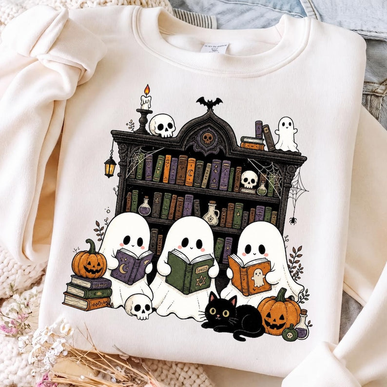 Ghost Reading Books – Halloween Bookish Design – Spooky Library