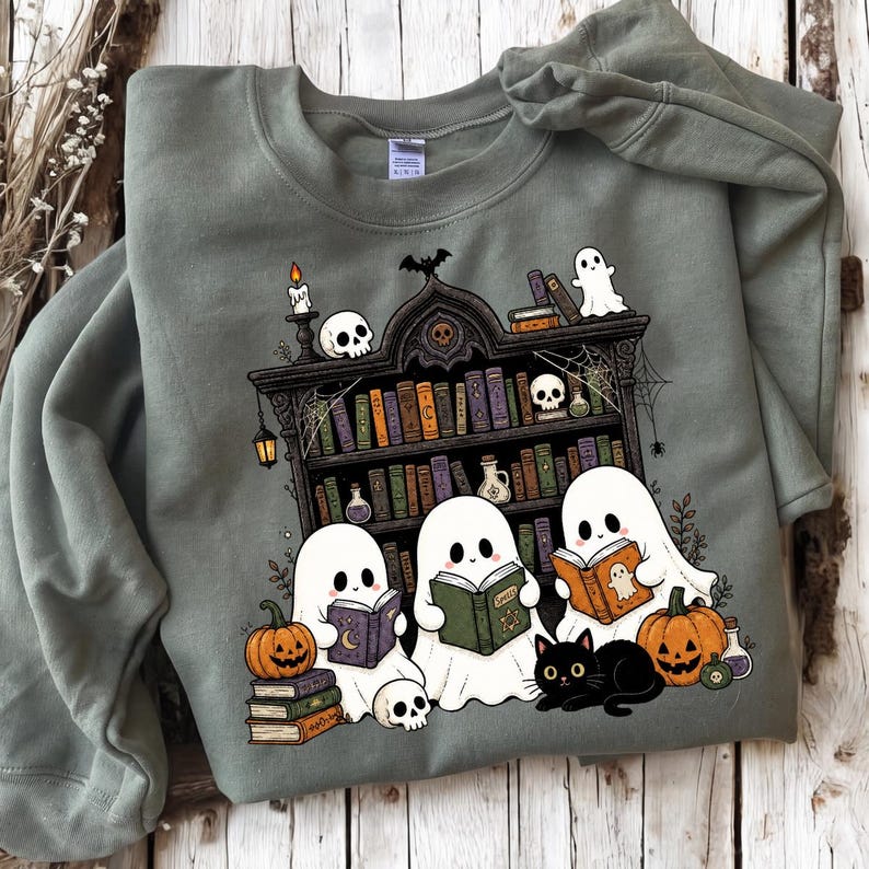 Ghost Reading Books – Halloween Bookish Design – Spooky Library garment preview