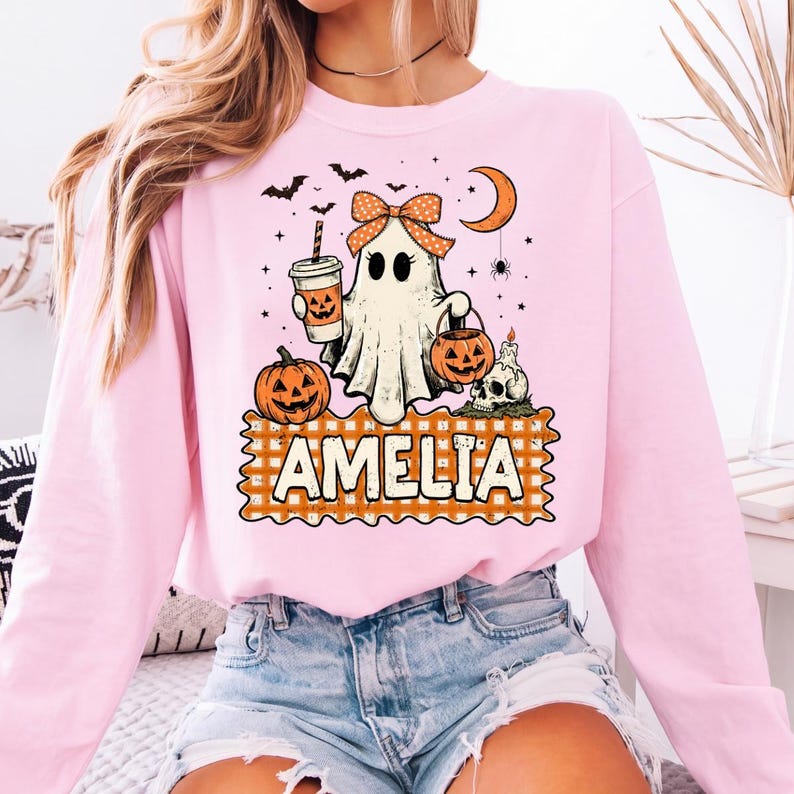 Custom Name Halloween – Kids Ghost Design – Boy And Girl Ghost garment preview