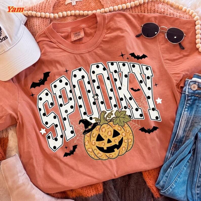 Spooky – Halloween Design – Polka Dot Varsity Letters Leopard Glitter Pumpkin Witch Hat Bats