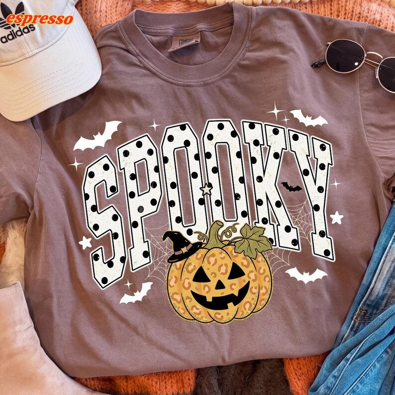 Spooky – Halloween Design – Polka Dot Varsity Letters Leopard Glitter Pumpkin Witch Hat Bats garment preview