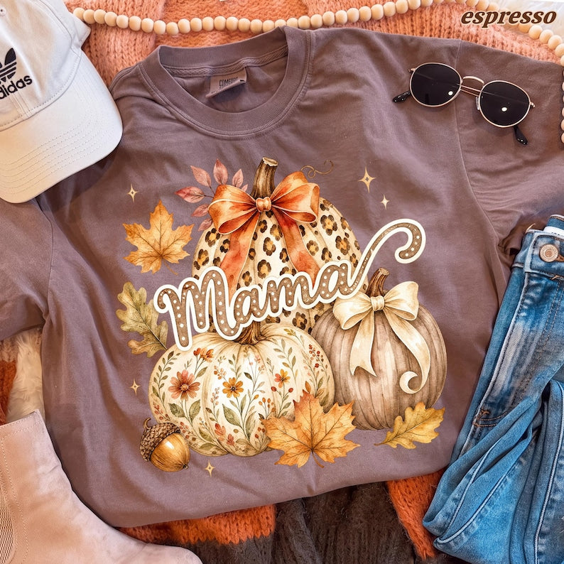 Mama – Fall Pumpkin Design – Watercolor Leopard Floral Pumpkins Coquette Bow Autumn Leaves
