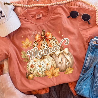 Mama – Fall Pumpkin Design – Watercolor Leopard Floral Pumpkins Coquette Bow Autumn Leaves garment preview
