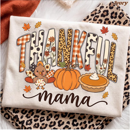 Thankful Mama – Thanksgiving Design – Leopard Gingham Letters Cute Turkey Pumpkin Pie