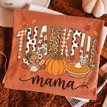 Thankful Mama – Thanksgiving Design – Leopard Gingham Letters Cute Turkey Pumpkin Pie garment preview