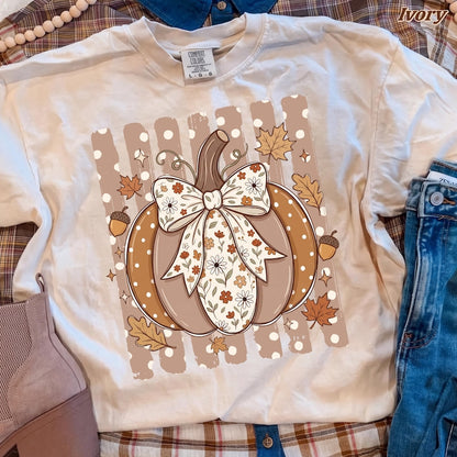 Coquette Pumpkin – Fall Design – Boho Neutral Pumpkin Floral Bow Acorns Autumn Leaves