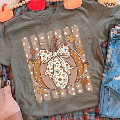 Coquette Pumpkin – Fall Design – Boho Neutral Pumpkin Floral Bow Acorns Autumn Leaves garment preview