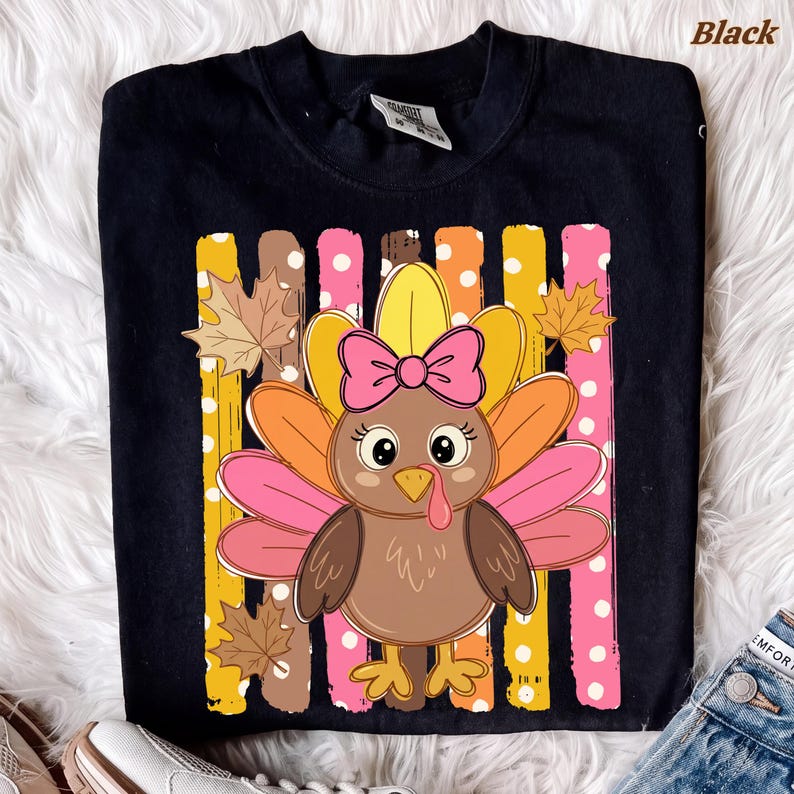 Cute Turkey Girl – Thanksgiving Design – Pink Bow Turkey Polka Dot Brush Strokes