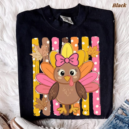 Cute Turkey Girl – Thanksgiving Design – Pink Bow Turkey Polka Dot Brush Strokes