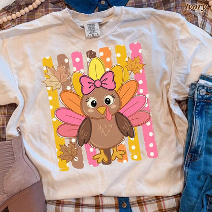Cute Turkey Girl – Thanksgiving Design – Pink Bow Turkey Polka Dot Brush Strokes garment preview