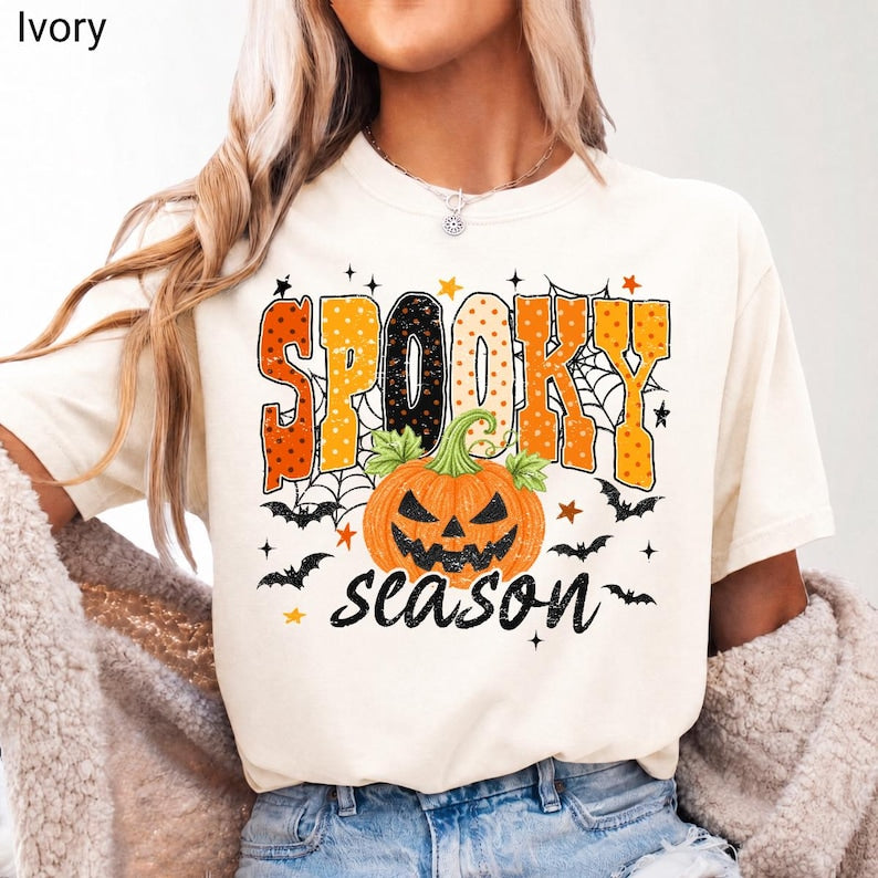 Spooky Season – Halloween Design – Retro Polka Dot Jack O Lantern Pumpkin Bats Spider Web