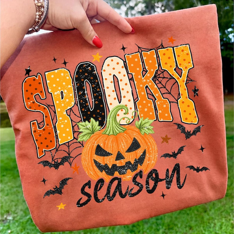 Spooky Season – Halloween Design – Retro Polka Dot Jack O Lantern Pumpkin Bats Spider Web garment preview