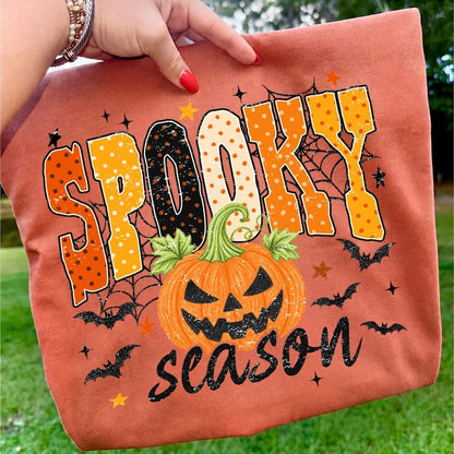 Spooky Season – Halloween Design – Retro Polka Dot Jack O Lantern Pumpkin Bats Spider Web garment preview