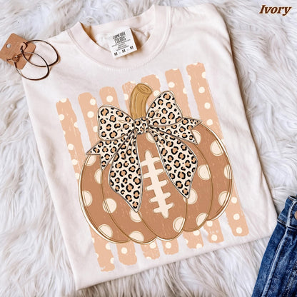 Football Pumpkin – Fall Game Day Design – Leopard Coquette Bow Pumpkin Laces Polka Dot