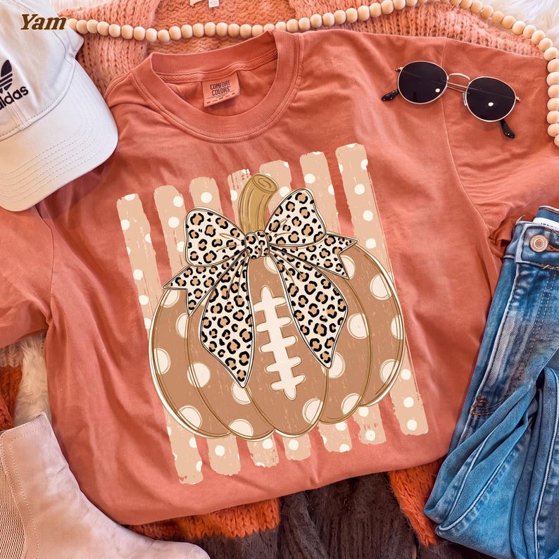 Football Pumpkin – Fall Game Day Design – Leopard Coquette Bow Pumpkin Laces Polka Dot garment preview