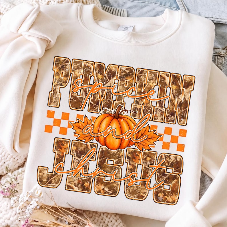 Pumpkin Spice and Jesus Christ – Fall Christian Design – Camo Varsity Checkered Pumpkin