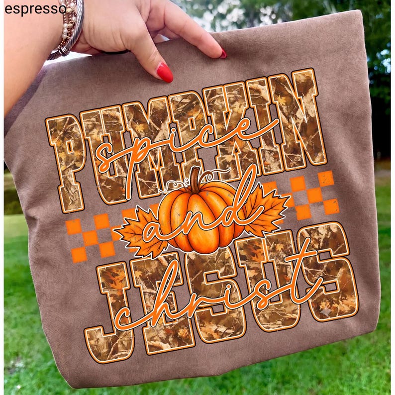 Pumpkin Spice and Jesus Christ – Fall Christian Design – Camo Varsity Checkered Pumpkin garment preview