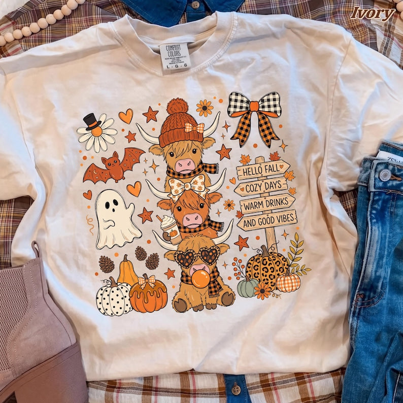 Highland Cow Fall Doodle Design – Hello Fall – Cozy Days Warm Drinks Ghost Pumpkins Collage