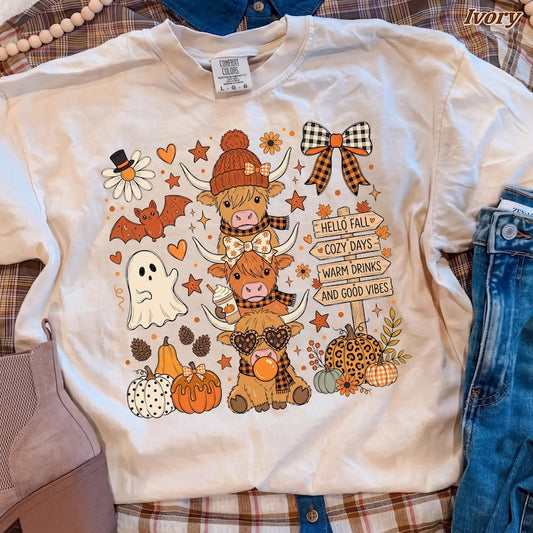 Highland Cow Fall Doodle Design – Hello Fall – Cozy Days Warm Drinks Ghost Pumpkins Collage
