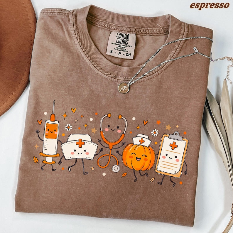 Fall Nurse – Cute Nurse Design – Kawaii Syringe Stethoscope Pumpkin Clipboard garment preview