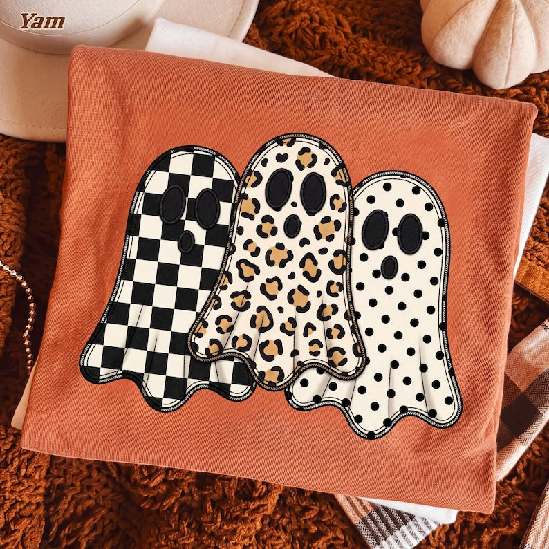 Faux Embroidery Ghost – Halloween Design – Checkered Leopard Polka Dot Applique Ghosts