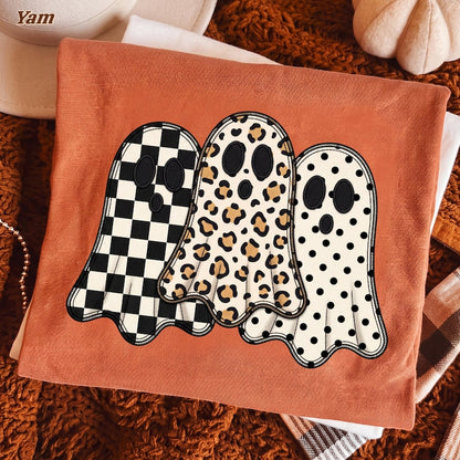Faux Embroidery Ghost – Halloween Design – Checkered Leopard Polka Dot Applique Ghosts