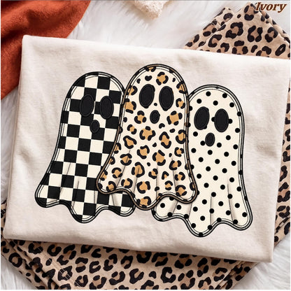 Faux Embroidery Ghost – Halloween Design – Checkered Leopard Polka Dot Applique Ghosts garment preview