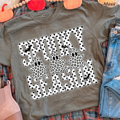 Spooky Season – Halloween Design – Black White Polka Dot Varsity Retro Daisy Ghosts Bats