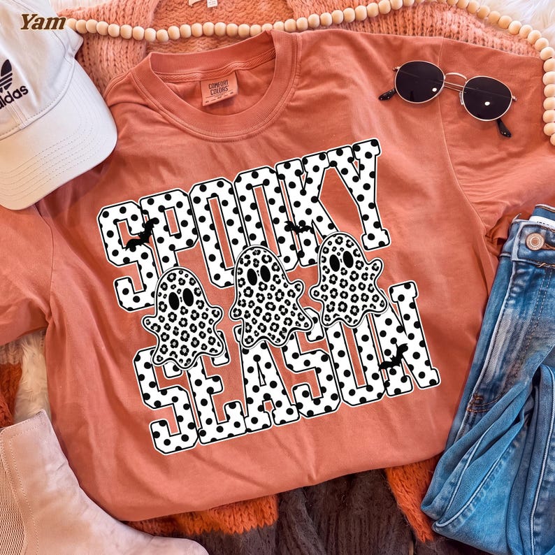 Spooky Season – Halloween Design – Black White Polka Dot Varsity Retro Daisy Ghosts Bats garment preview