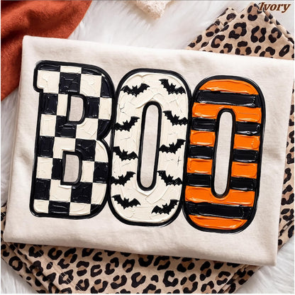 Boo – Halloween Design – 3D Puff Paint Checkered Bats Striped Letters
