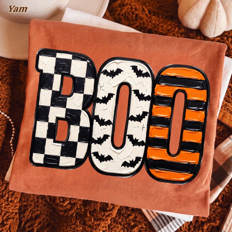 Boo – Halloween Design – 3D Puff Paint Checkered Bats Striped Letters garment preview