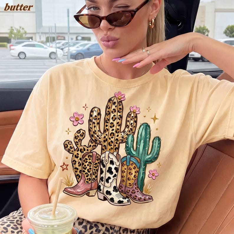 Western Cowgirl – Cowboy Boots Cactus Design – Leopard Cactus Cow Print Boots Desert