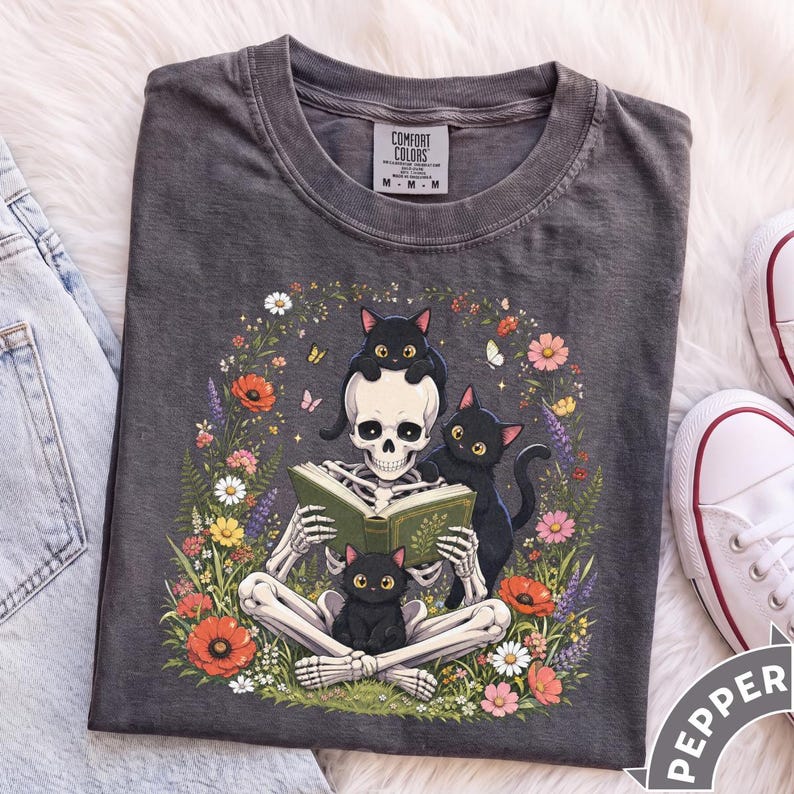 Skeleton Reading – Black Cat – Book Lover garment preview