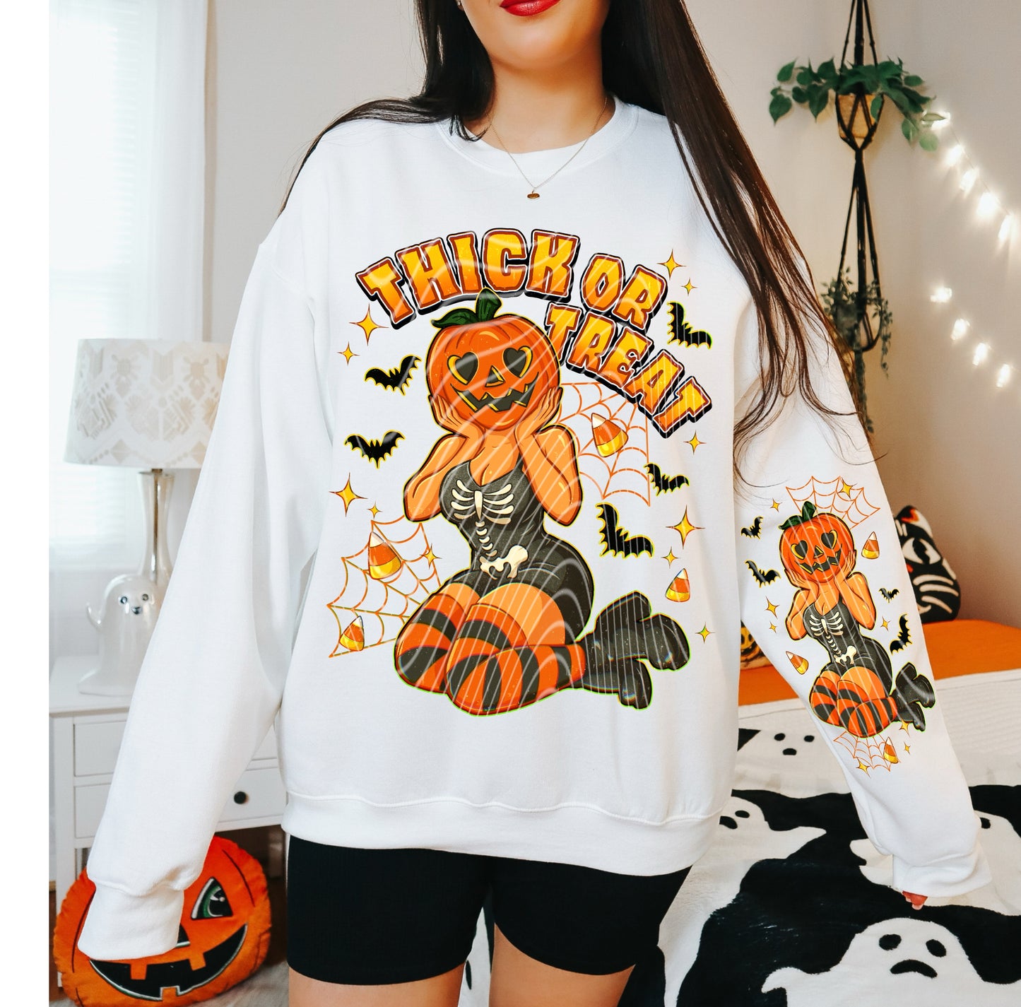DTF Transfer Thick or Treat Pinup Pumpkin Halloween Sleeve Sweatshirt