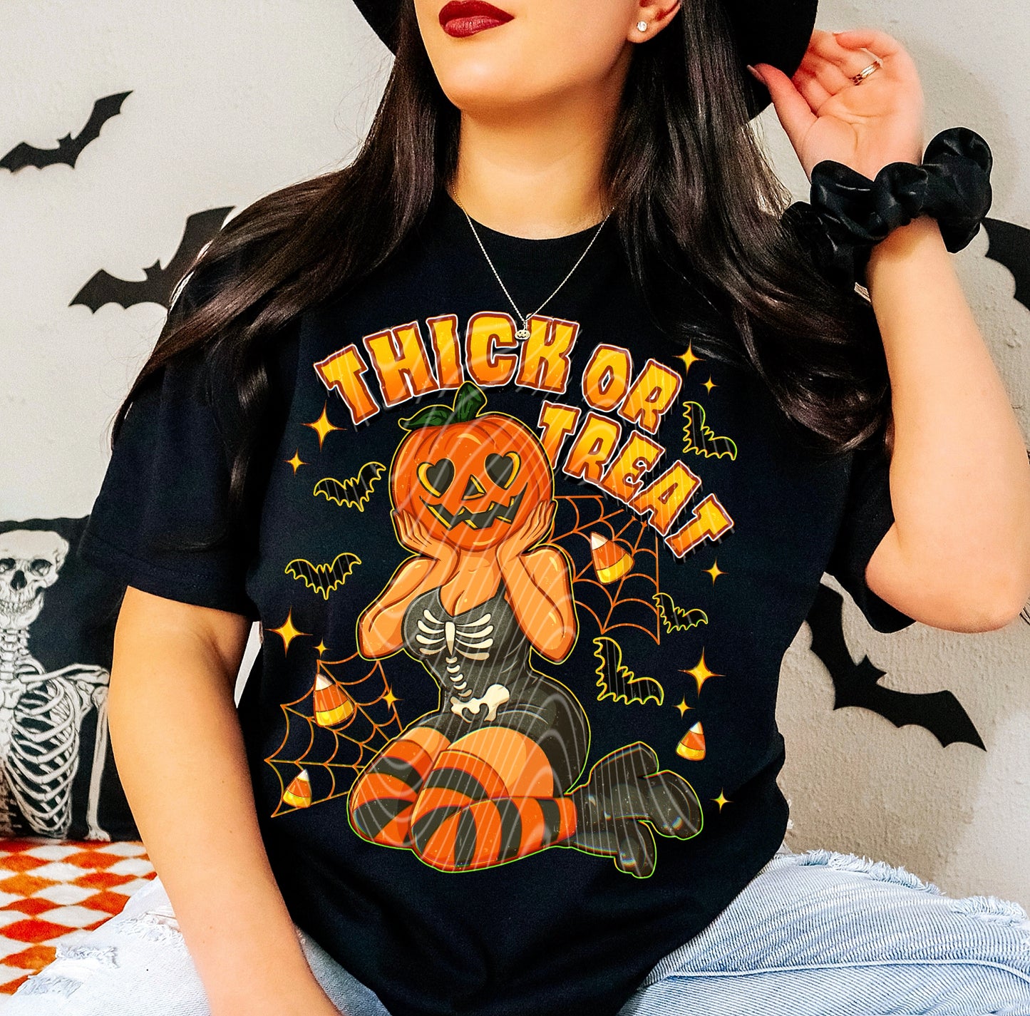 DTF Transfer Thick or Treat Pinup Pumpkin Halloween Sleeve Sweatshirt